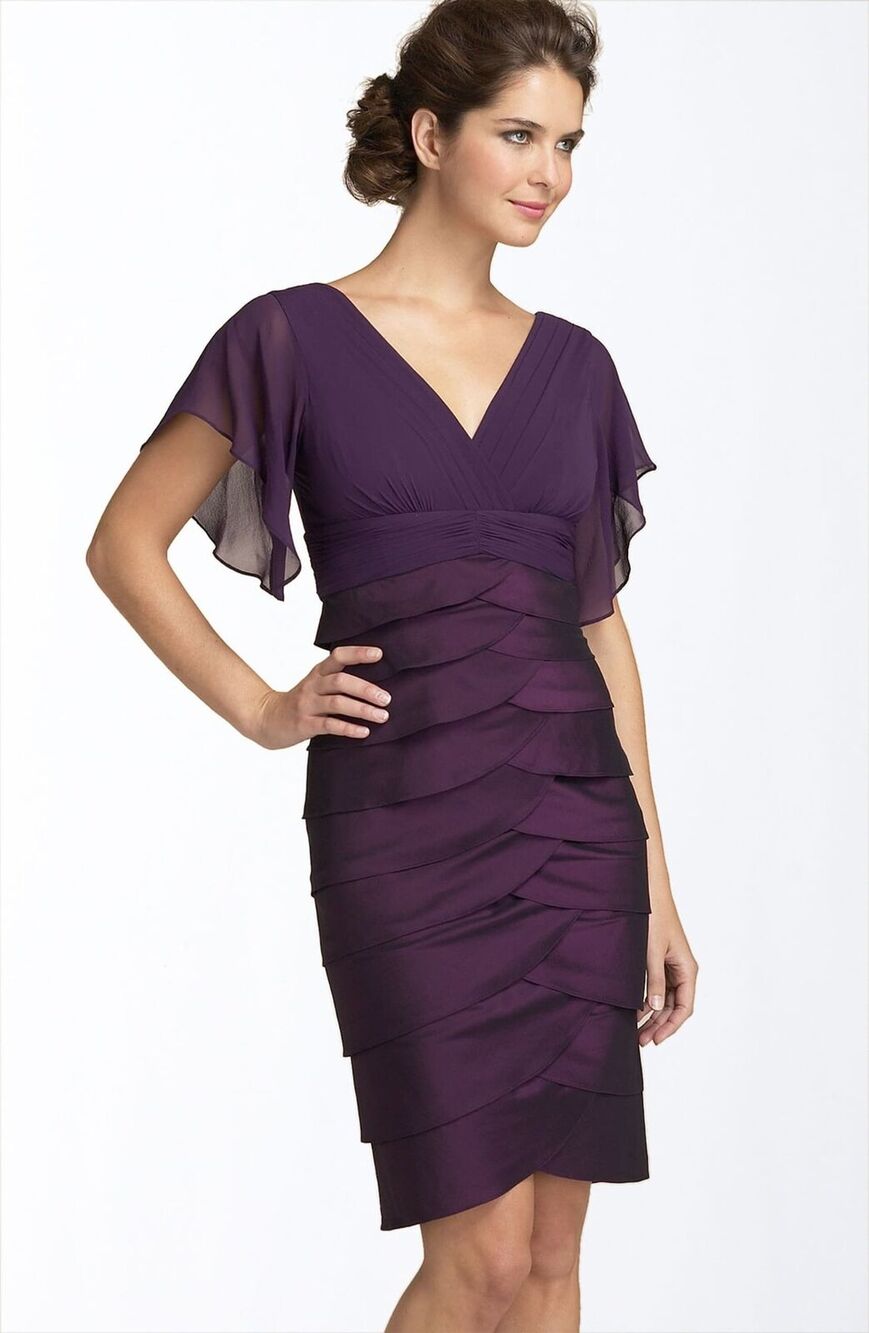 Adrianna Papell Cocktail Dress Shutter Pleat Purple Flutter Sleeves Women 8